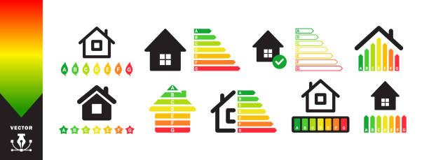 ilustrações, clipart, desenhos animados e ícones de conjunto de ícones de eficiência energética. casa energeticamente eficiente com gráfico de classificação. gráficos escaláveis vetoriais - rating bar graph finance business