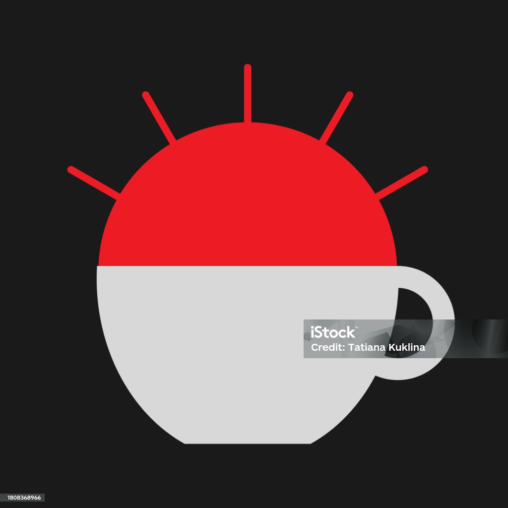 Logo Vector Illustration Of A Gray Cup Of Tea Or Coffee With A Red Sun