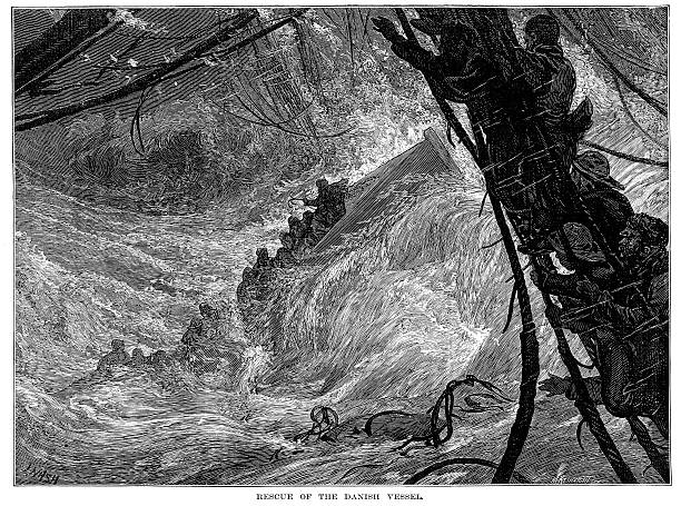 Rescue of the Danish Vessel Vintage engraving showing the rescue of sailors from a sinking ship sinking ship pictures pictures stock illustrations