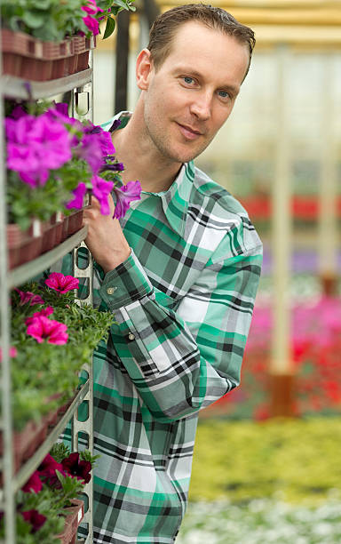 istock Man Standing By Flower Shelf In Greenhouse 180838301