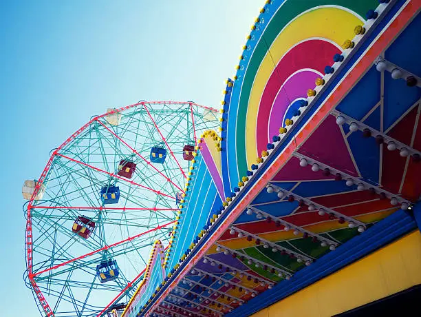 "Colorful amusement park carnival architecture at Coney Island in Brooklyn, New York"