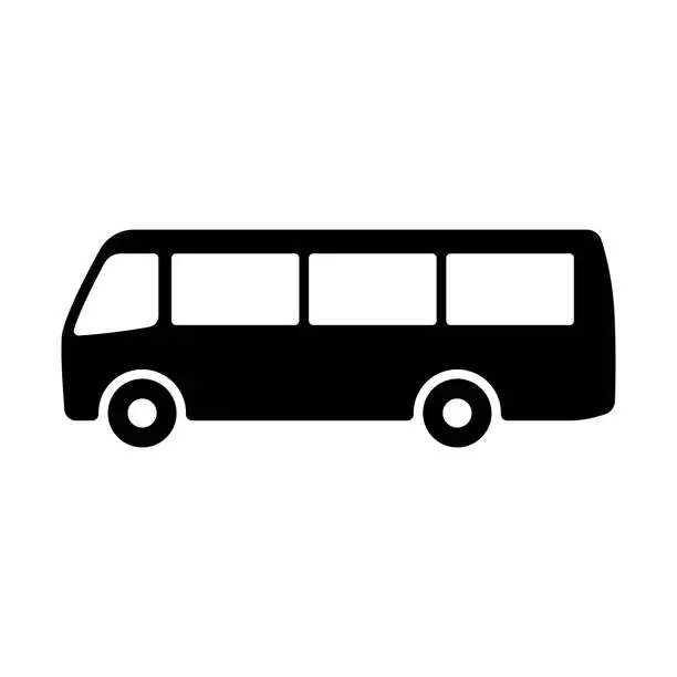 Vector illustration of Small passenger bus icon. Black silhouette. Side view. Vector simple flat graphic illustration. Isolated object on a white background. Isolate.