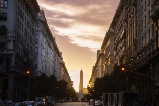 Photo taken at Diagonal Norte Street, with the obelisk of Buenos Aires on background. Argentina.