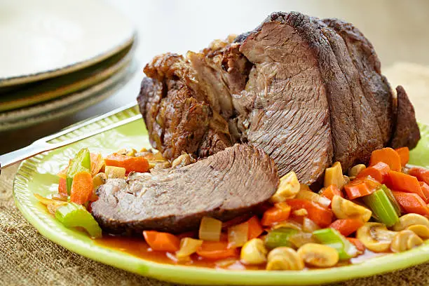 "Pot roast on serving platter.  Professionally shot, color corrected, exported 16 bit and retouched for maximum image quality."