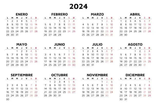 Vector illustration of 2024 spanish calendar. Simple vector template illustration in Spain. Horizontal