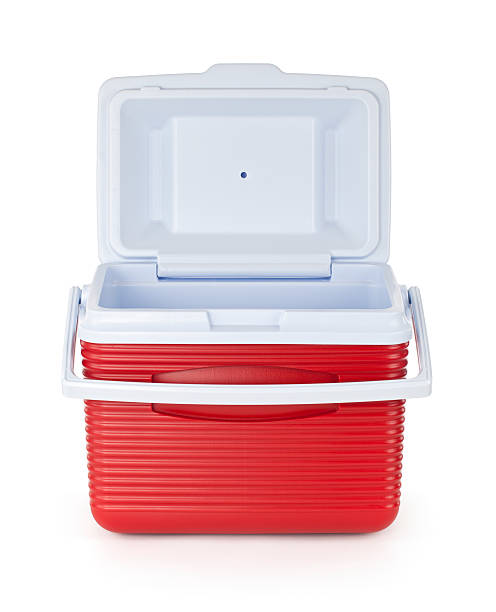 Open Cooler Isolated Open red cooler, isolated on white. cool box stock pictures, royalty-free photos & images