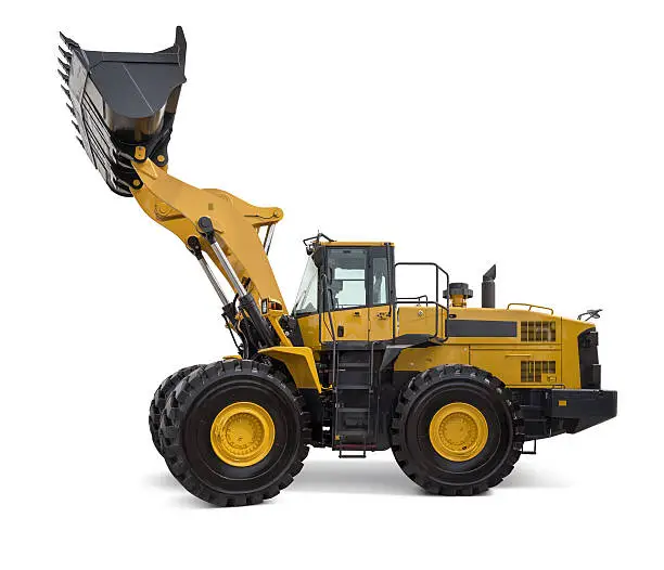 New and yellow front-end loader, isolated on white background.