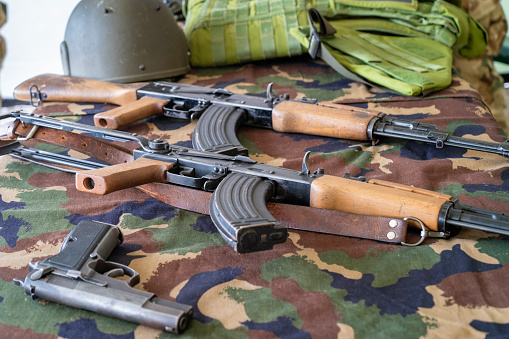 two, old, AK-47, Kalashnikov, assault rifles, military equipments,
