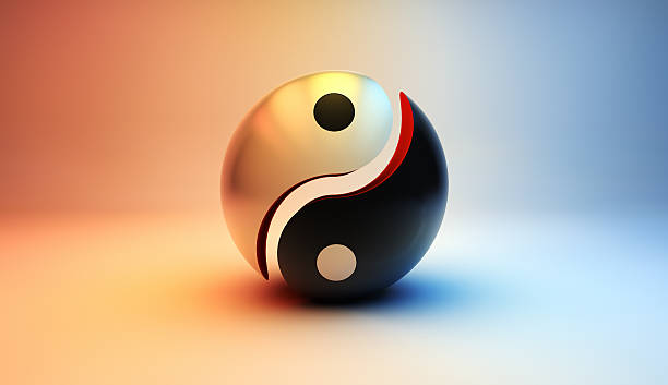 Yin Yang, Warm Cold Divided yin yang symbol with warm to cold color transition. 3d render. tao symbol stock pictures, royalty-free photos & images