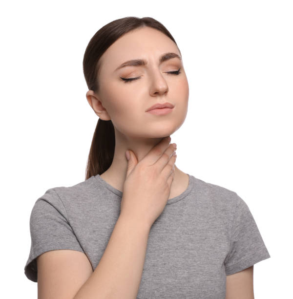 istock Young woman with sore throat on white background 1808418103