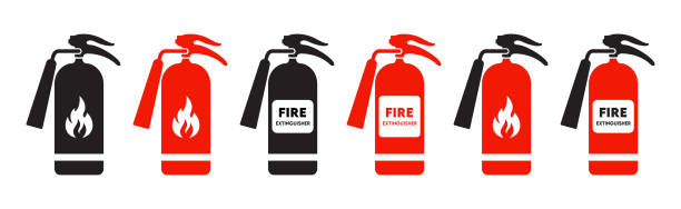 fire extinguisher icon set, firefighters tools for flame fighting attention in black and red color, vector illustration - 滅火筒標誌 幅插畫檔、美工圖案、卡通及圖標