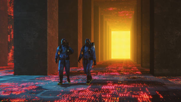 istock Men walking hazmat suits in illuminated futuristic corridor 1808426638