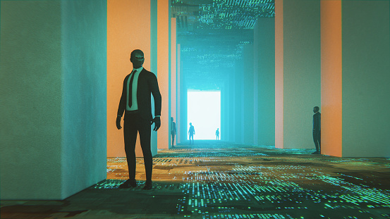 Spooky businessmen in dark, futuristic corridor. 3D generated image.