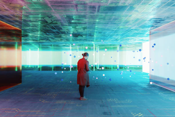 istock Casual woman standing in VR environment 1808428243