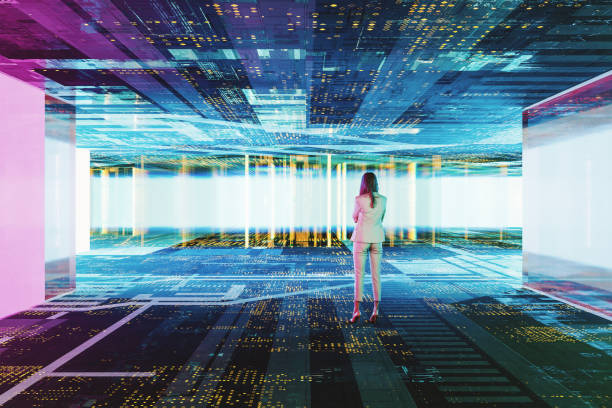 istock Businesswoman standing in VR environment 1808428761