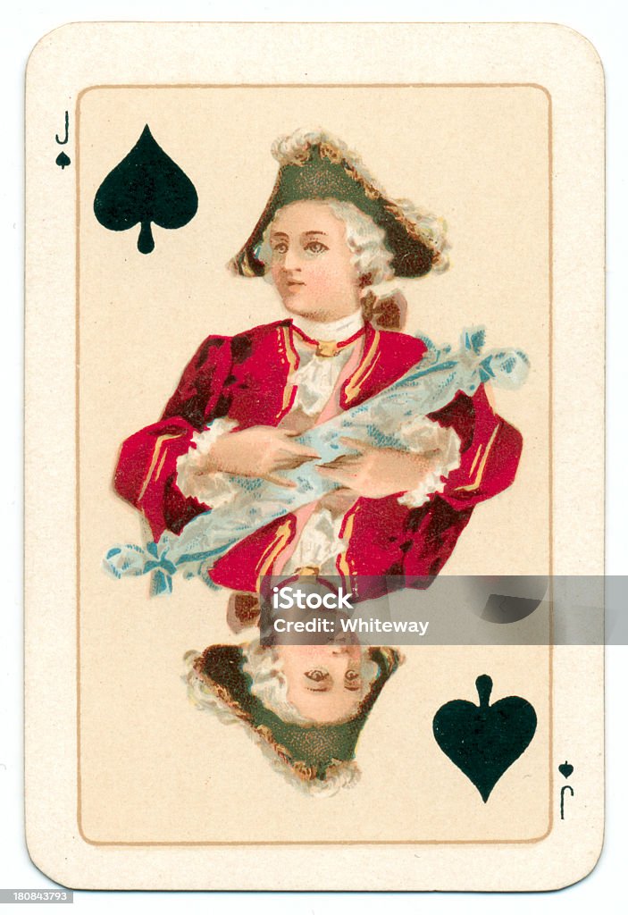 Hanoverian Jack of Spades playing card Goodall 1895 This is the Jack of Spades playing card from a pack manufactured by Charles Goodall (1785-1851) of Camden, London. Charles Goodall was in business for over 100 years, from 1820 to 1929. This original deck  was produced in about 1895, and is one of a small and haphazard series of 'Historic Playing Cards'. The court cards feature four different historic British royal dynasties, as follows: Spades: Hanoverian (1714–1901), last representative Queen Victoria. Hearts: Stuart (1371–1714), last representative Queen Anne. (Originated in Scotland.) Diamonds: Tudor (1485–1603), last representative Queen Elizabeth I. Clubs: Plantagenet (1126–1485), last representative Richard III. All aces and court cards from this deck are available here. Below are some more antique playing cards, including some from Bernhard Dondorf's rare 1895 'Shakespeare' deck: . 1895 stock illustration