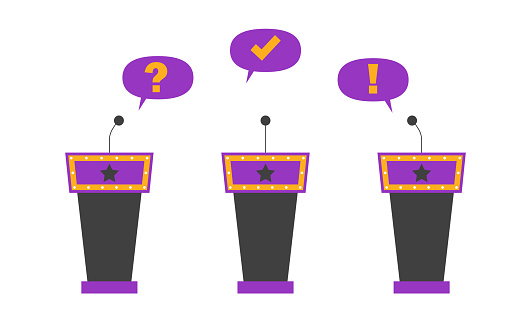 Quiz game design background. Competition with questions. Television trivia show vector illustration. Three stands with microphones. Play game show, competition quest