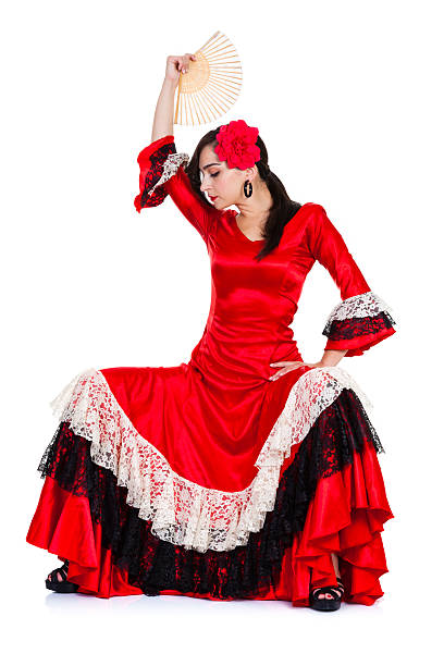 istock Spanish woman in red with fan on white background 180844372