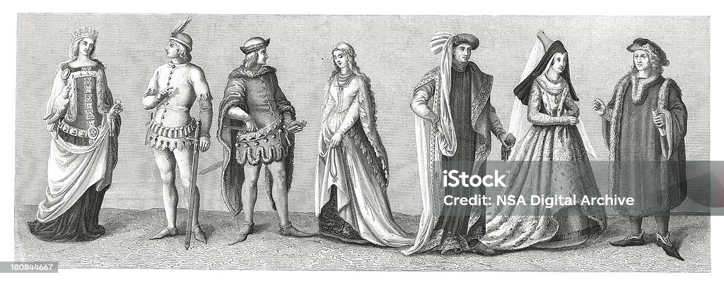 W Europie Zachodniej w kostiumy-Niemcy, Francja itd. (stare Drewno Grawerunek) - Zbiór ilustracji royalty-free (Około XIV wieku)