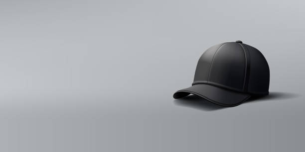 Realistic black 3D cap. Baseball cap for branding, company advertising, fashion, style. Template on a gray background. Vector Realistic black 3D cap. Baseball cap for branding, company advertising, fashion, style. Template on a gray background. Vector illustration sideways baseball hat stock illustrations