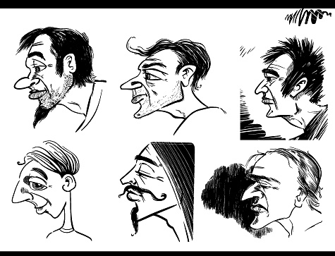 black and white sketch cartoon illustration of people characters caricature portraits profiles set