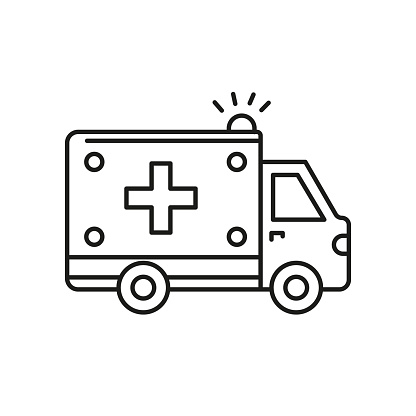 First aid, emergency service. Ambulance vehicle line icon.