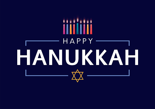 Happy Hanukkah card with colorful burning candles. Vector illustration. EPS10