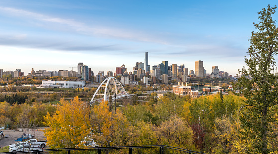 Edmonton, Canada, September 29, 2023: View to downtown at fall season with low sun light