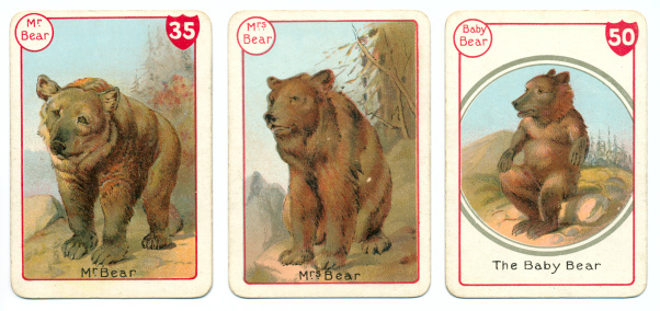Meet the bears. Here are Mr. Bear, Mrs. Bear and Baby Bear, one of seventeen animal families in a Victorian card game called Noah's Ark, a sort of 'Happy families'. They are original, by the manufacturer Thomas de la Rue, from a pack recently found in a very old attic. They are printed by chromolithography, the print method of the time. The game of Noah's Ark consists of 17 animal families (father, mother and baby animal), and the complete pack includes extra cards explaining the rules. While the idea is to get complete families on to the Ark, there is a possibility to go in 'one short' – and leave the baby behind. Below are links to more animal familes, plus other antique / historic playing cards (including some from Bernhard Dondorf's rare 1895 'Shakespeare' deck): .