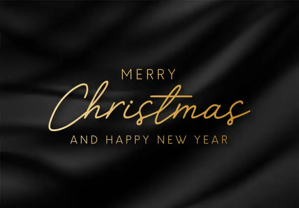 Vector illustration of Merry Christmas and Happy New Year gold text on black satin background. Vector