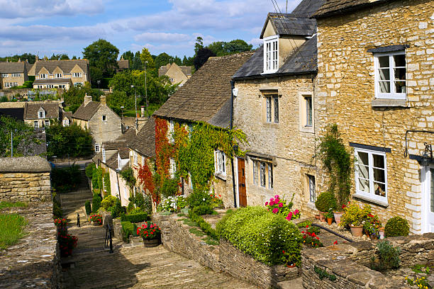 The picturesque old cottages of The Chipping Steps, Tetbury, Cotswolds, Gloucestershire, UK