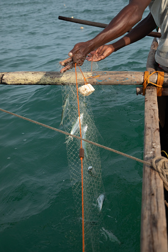 Morondava,Madagascar . 18 october 2023. Malagasy fisherman on homemade wooden old pirogue boat in ocean catches fish with net. selective focus, close-up