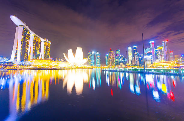 vista panorámica del paisaje urbano de singapur - merlion singapore marina bay lighting equipment fotografías e imágenes de stock