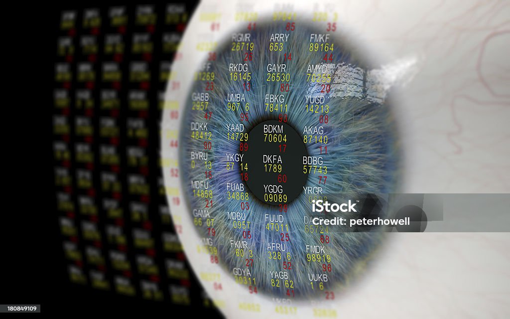 Eye Looking at Financial Data. "Close up of an isolated human eye looking at share prices. Numbers and letters are random, not related to anything in real life." Stock Market and Exchange Stock Photo
