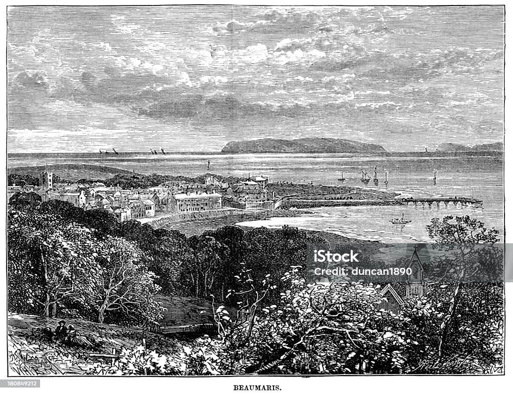 Beaumaris Vintage engraving showing a view of Beaumaris, Anglesey, Wales in the Victorian period. 19th Century stock illustration