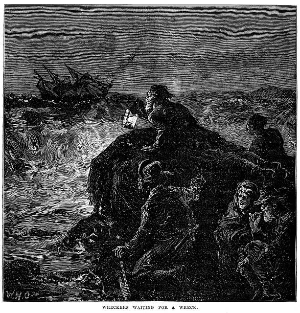Wreckers Vintage engraving showing Wreckers waiting for a wreck. Wrecking is the practice of taking valuables from a shipwreck which has foundered near or close to shore. sinking ship pictures pictures stock illustrations