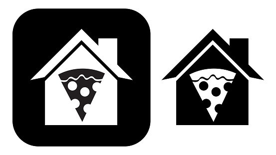 Two black and white house icons with pizza slice symbols on them.
