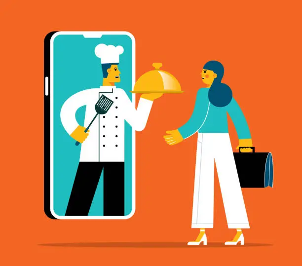 Vector illustration of Serving food - chef - Businesswoman