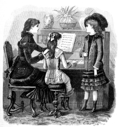 A governess looks at a young boy in her care. Engraving/illustration from the book \