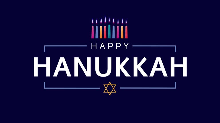 Happy Hanukkah card with colorful burning candles. 4k