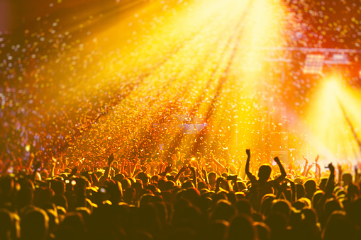 Rear view of large group of people enjoying a concert performance. There are many raised hands in front of the camera.