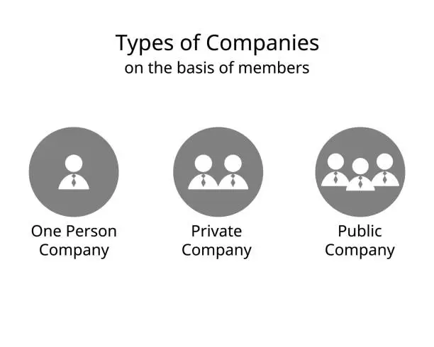 Vector illustration of type of companies on the basis of members for one person, private company and public company