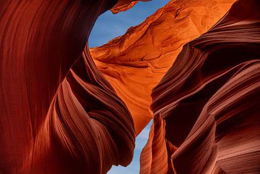 Young woman in Antelope Canyon in Arizona. Tourist in Antelope Canyon. Adventure and hiking concept.