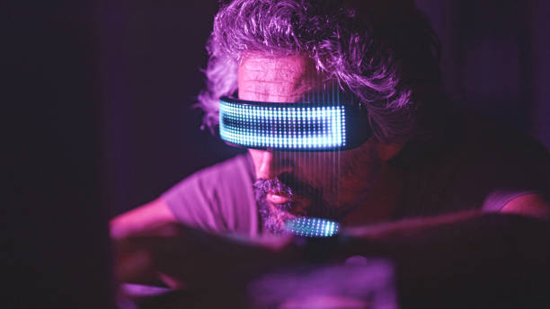 Pro gamer playing online video game with VR goggles.