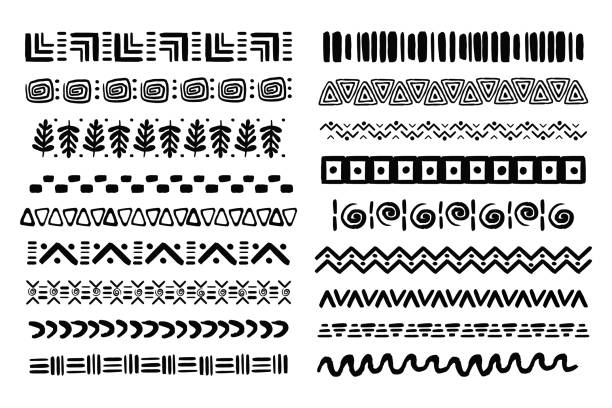 ilustraciones, imágenes clip art, dibujos animados e iconos de stock de establezca el borde de motivos tribales africanos en un estilo garabato dibujado a mano a partir de formas geométricas aisladas sobre fondo blanco. boho scandinavian srtoke, decoración tradicional nativa. ilustración vectorial - cultura indígena