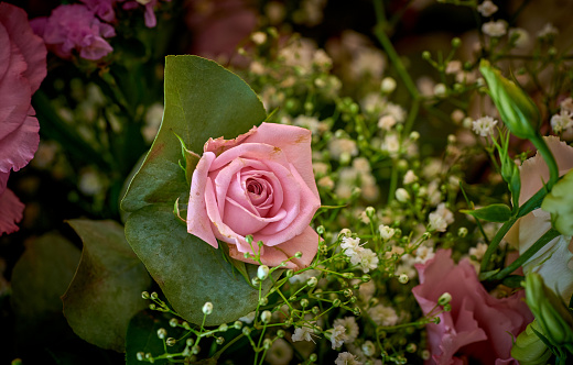 Still life Valentine's Day 3D rendering with flowers and red silk with clock, brass and red roses vintage