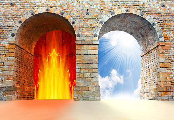 Archways containing fire and sky symbolic of hell & heaven