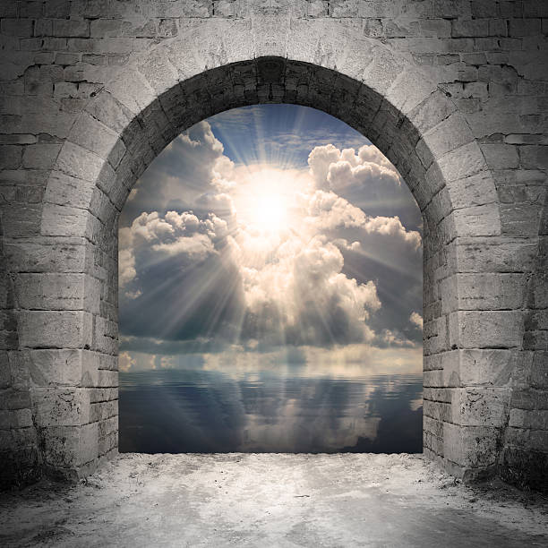 3d illustration of sky landscape seen through open door in nature concept