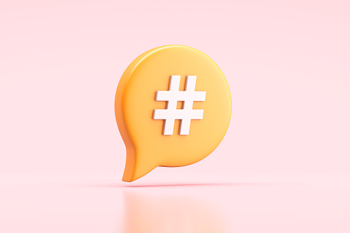 Hashtag, social media, icon, online messaging. 3d illustration