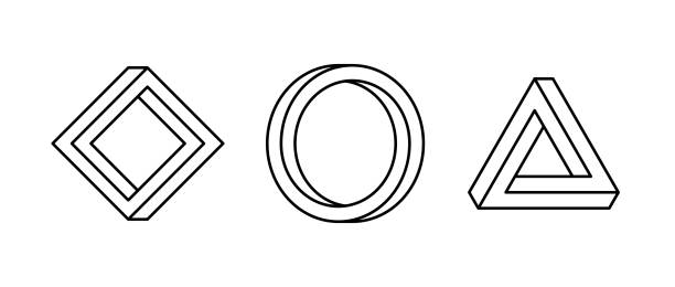 Impossible shape set. Line optical illusion circle, square, triangle. Outline mobius strip collection. Abstract unreal geometric forms. Linear puzzle design elements for logo, icon, label, tag. Vector Impossible shape set. Line optical illusion circle, square, triangle. Outline mobius strip collection. Abstract unreal geometric forms. Linear puzzle design elements for logo, icon, label, tag. Vector hypnosis circle stock illustrations